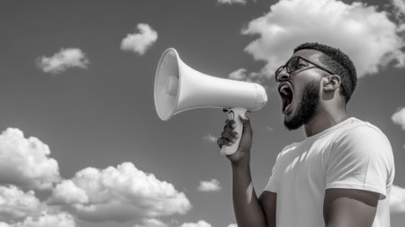Man Shouting Through Megaphone Against Cloudy Sky in Black and White, AIの素材