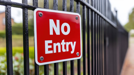 No Entry Sign on Black Metal Fence in Outdoor Setting, AIの素材