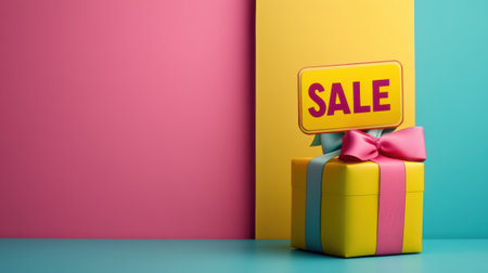 Colorful Gift Box with Sale Sign Against Vibrant Background, AIの素材