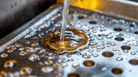 Water Flowing Over Metal Surface with Circular Holes in Industrial Setting, AIの素材