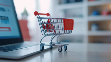 Shopping Cart and Laptop Symbolizing Online Shopping and E-commerce Concepts, AIの素材