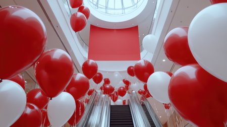 Red and White Balloons Decorating a Modern Shopping Mall Atrium, AIの素材