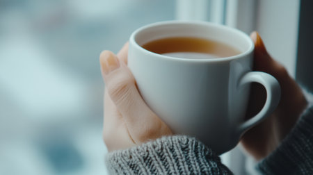 Cozy Moment with a Warm Cup of Tea by the Window on a Chilly Day, AIの素材