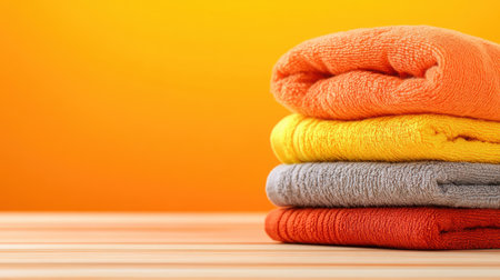 Folded Colorful Towels on Wooden Surface Against Vibrant Orange Background, AIの素材