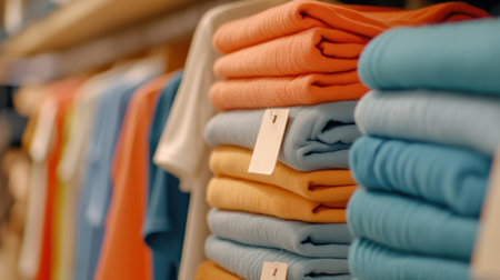 Folded Colorful Clothes on Display in Retail Store, AIの素材