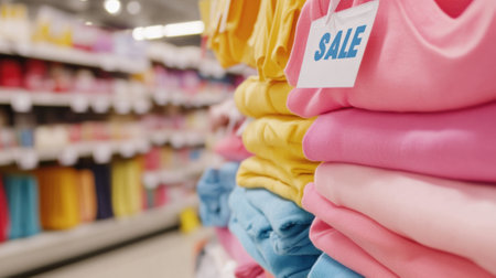 Colorful Clothing Display with Sale Tag in Retail Store, AIの素材