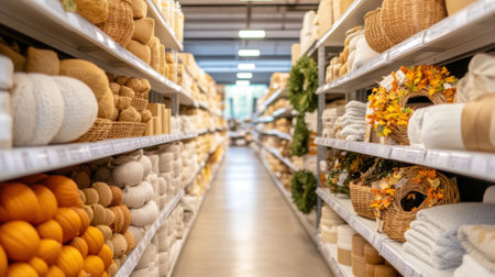 Aisle of a Home Decor Store Featuring Cozy Textiles and Seasonal Decorations, AIの素材