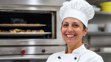 Smiling Chef in Professional Kitchen with Oven and Freshly Baked Goods, AIの素材