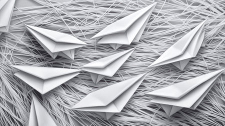 A bunch of origami paper airplanes are on top of a white background, AIの素材