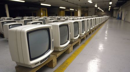 A row of old televisions sitting on wooden pallets in a warehouse, AIの素材