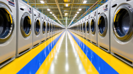 A row of washing machines in a large warehouse with yellow and blue stripes, AIの素材