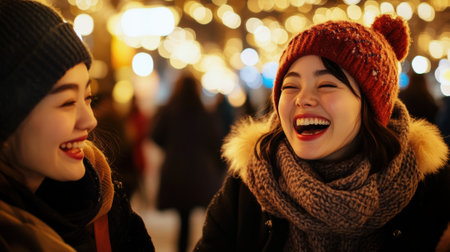 Two women laughing and smiling at each other in a crowded area, AIの素材