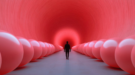 A man walking through a tunnel of red balloons with his back to the camera, AIの素材