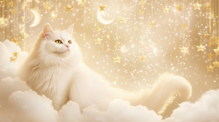 A white cat sitting on a cloud with stars and moon, AIの素材