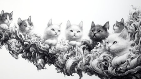 A black and white drawing of a bunch of cats on top of each other, AIの素材
