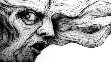 A drawing of a womans face with long hair and eyes, AIの素材