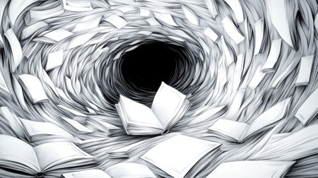 A black and white drawing of a tunnel with books in it, AIの素材