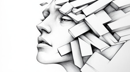 A drawing of a womans head with many pieces sticking out, AIの素材