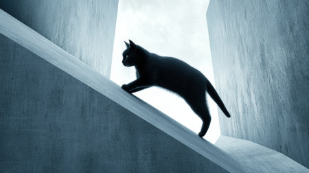 A black cat walking up a concrete wall in an abstract painting, AIの素材