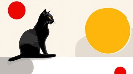A black cat sitting on a white wall with yellow dots, AIの素材