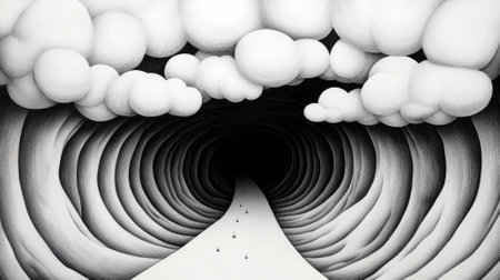 A black and white drawing of a tunnel with clouds, AIの素材