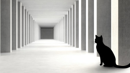 A black cat sitting in a long hallway with columns, AIの素材