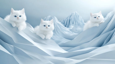 Three white cats are sitting on top of a mountain, AIの素材