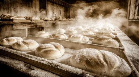 A bakery with fresh bread baking in a large room, AIの素材