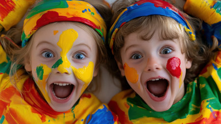 Two children with painted faces laying on the ground, AIの素材