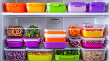 A refrigerator filled with colorful containers of food and vegetables, AIの素材