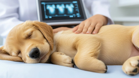 A dog laying on a table with its head in the lap of someone, AIの素材