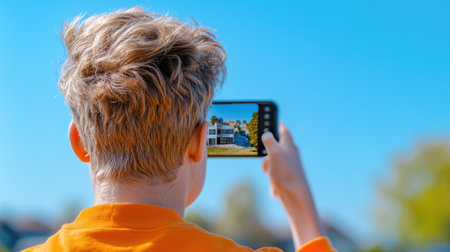 A person taking a picture of their house with the camera on, AIの素材