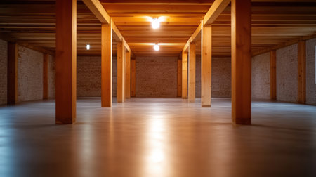 A room with a large empty space and some wooden beams, AIの素材