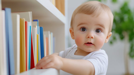 A baby is leaning on a bookshelf with some books, AIの素材