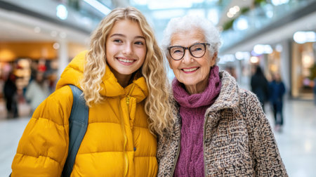 A woman and a girl standing next to each other in an indoor mall, AIの素材
