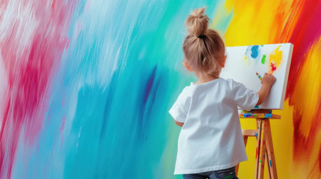 A little girl painting on a canvas with an easel, AIの素材