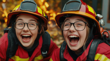 Two young girls in fireman gear with smiles on their faces, AIの素材