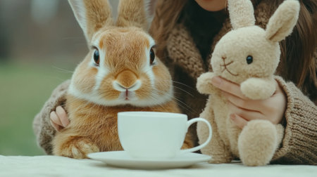 A woman holding a rabbit and another stuffed animal next to cup, AIの素材