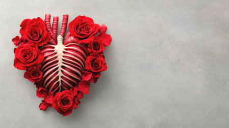 A heart shaped like a flower with red roses around it, AIの素材