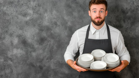 A man in apron holding plate of white plates, AIの素材