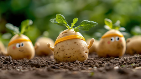 A group of potatoes with faces and leaves on them, AIの素材