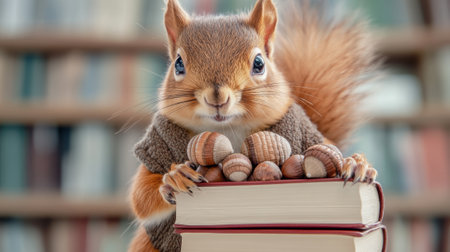 A squirrel holding a book and some nuts in his hands, AIの素材