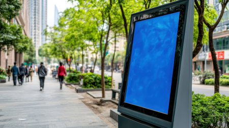 A large screen on a sidewalk with people walking by, AIの素材