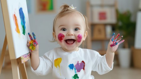 A baby girl with paint on her hands and face sitting in front of easel, AIの素材