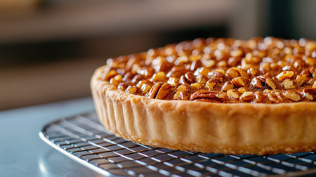 A close up of a pie with nuts on top sitting in front, AIの素材