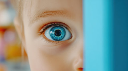 A close up of a babys blue eyes looking through the bars, AIの素材