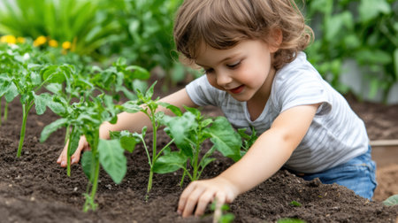 A young child in a garden picking up small plants, AIの素材