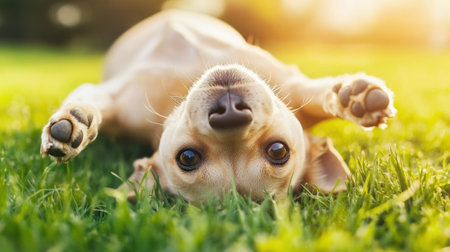 A dog laying on its back in the grass with a smile, AIの素材