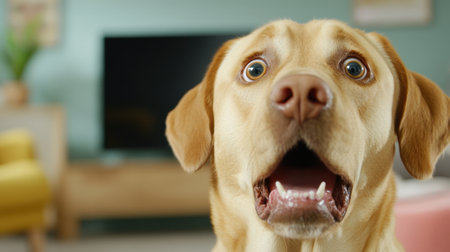 A close up of a dog looking at the camera with its mouth open, AIの素材