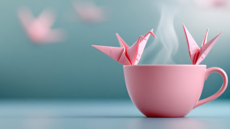 A pink cup with origami birds in it and steam coming out, AIの素材